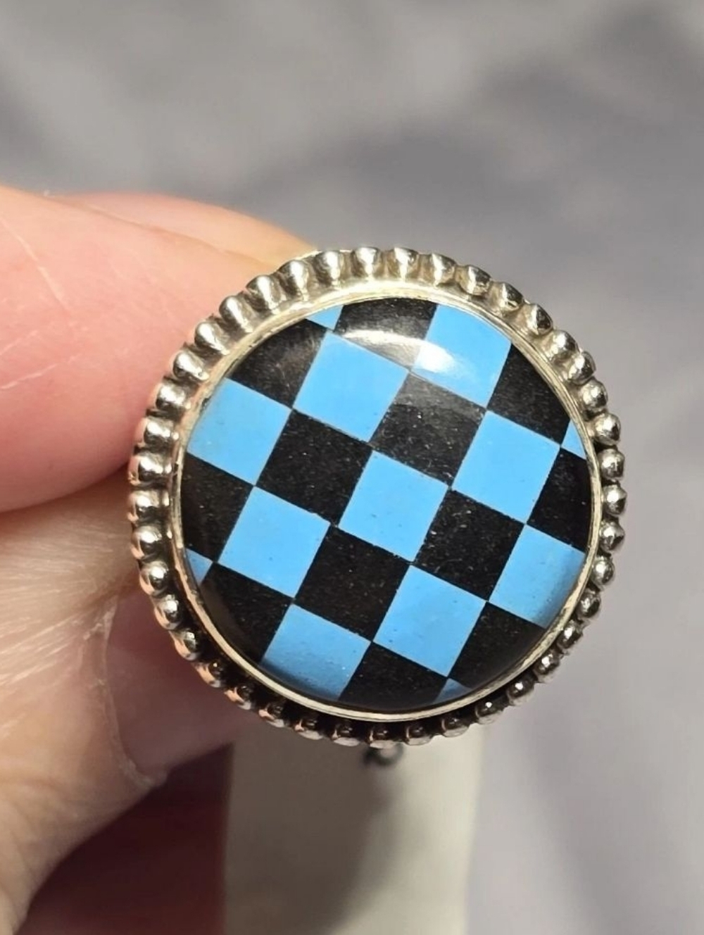 Checkered Onyx And Turquoise Ring In Sterling Silver, Southwestern